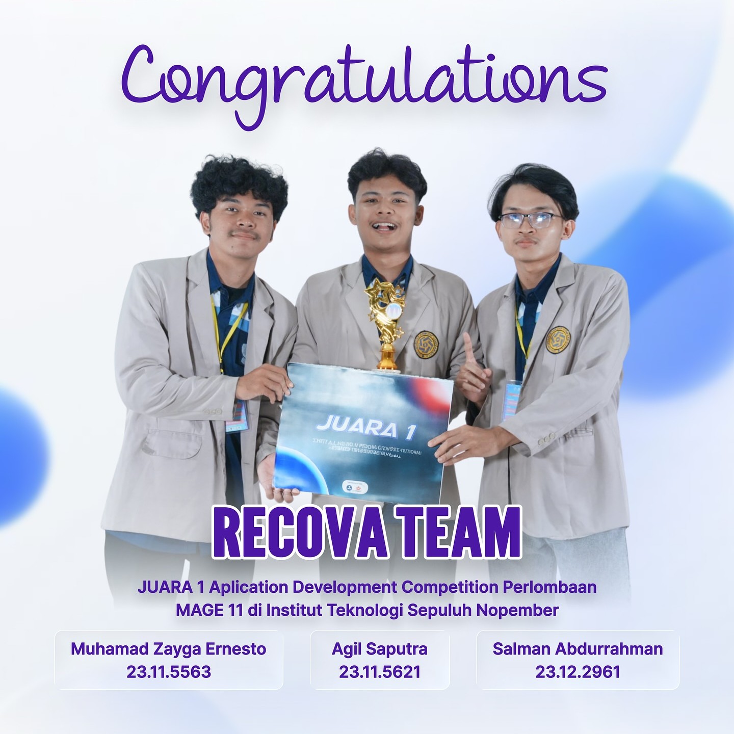 Tim Recova Raih Juara 1 Application Development Competition MAGE 11 ITS